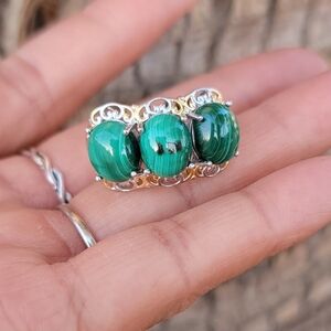 NWT triple oval malachite scroll work silver and gold chunky ring size 5